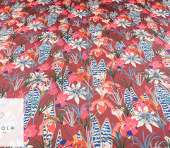 Satin, tropical flowers on a maroon background 2,6Lm